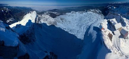 View from the peak of Säntis in Appenzell, Swiss Alps, hiking, scenic, walking, scenery, high, dramatic, slopes, range, snow, peaks, alpine, appenzell, mountains, saentis, alps, säntis, swiss, winter, switzerland, outdoor